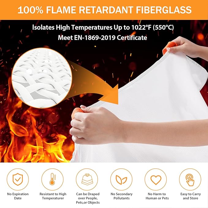 Fire Blanket Emergency for Home Kitchen - 39.4"x39.4" Flame Suppression Fiberglass Fire Extinguisher for Camping, Grill, Car, Office, Warehouse, Fireplace, Survival, Safety Altaz (1 Pack)