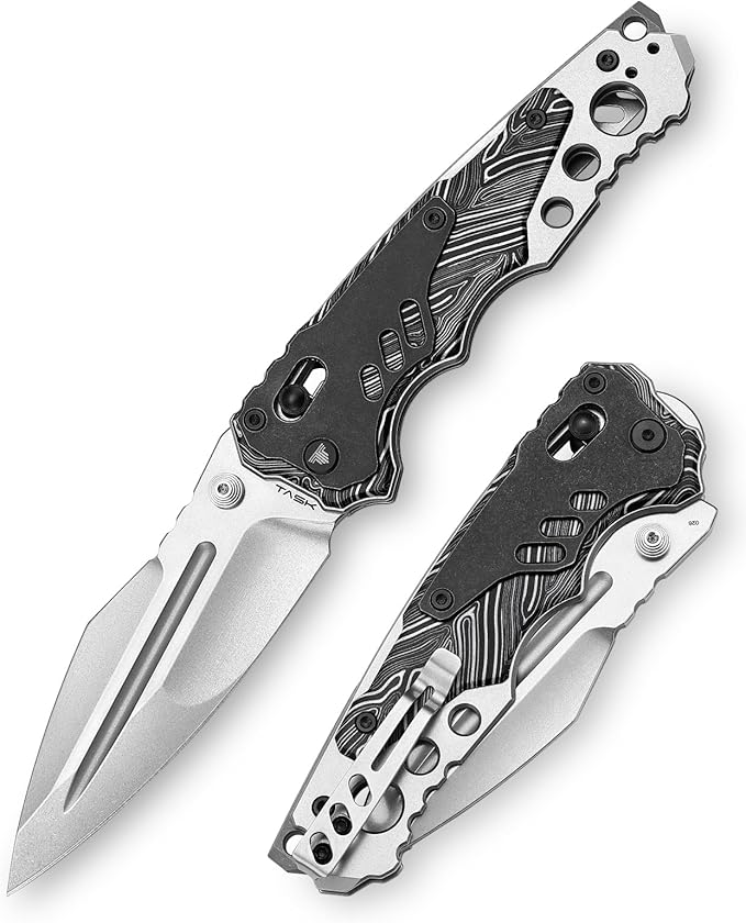 '-Intruder-03BW|Heavy Folding Pocket Knife for Men,Outdoor Camping EDC Knives with Clip ,4.29" Stonewash 14C28N Steel Blade ,Brass Washer,Ti & Damascus G10 Handle