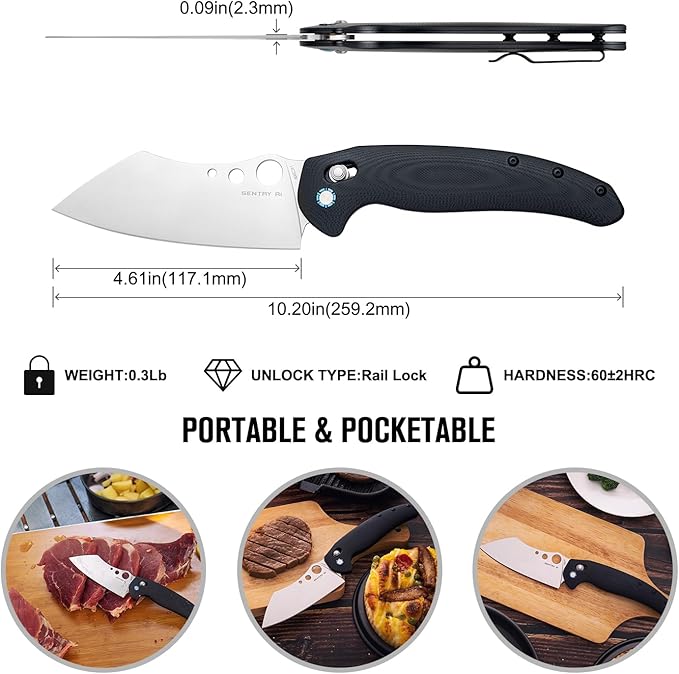 OKNIFE Sentry R1 EDC Pocket Chef Knife, Outdoor Camping Folding Knife with G10 Handle for Cooking, Camping Trip Portable Kitchen Knife with Clip for Men(Black)