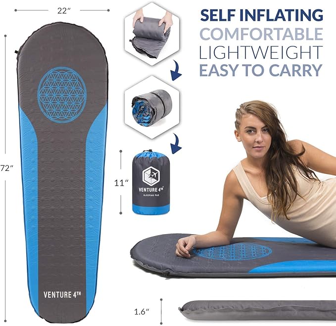 VENTURE 4TH Self Inflating Sleeping Pad - No Pump Required, Easy-Inflate - Warm, Quiet, Supportive Mattress for a Comfortable Night's Sleep - Compact Ultralight Mat - Ideal For Backpacking and Camping