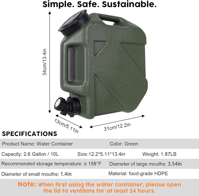 Camping Water Jug, 2.6 Gallnon Water Containers BPA Free Water Storage with Spigot No Leakage Portable Emergency Water Tank Canteens for Outdoor Hiking Camping Picnic Supplies Green
