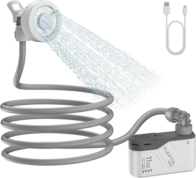 FLEXTAILGEAR MAX SHOWER Ultralight Rechargeable Outdoor Shower Pump, Portable Camping Showerhead Handheld, Travel Shower with USB-C Water Pump for Hiking, Car wash, Pet Cleaning, Beach Vacations