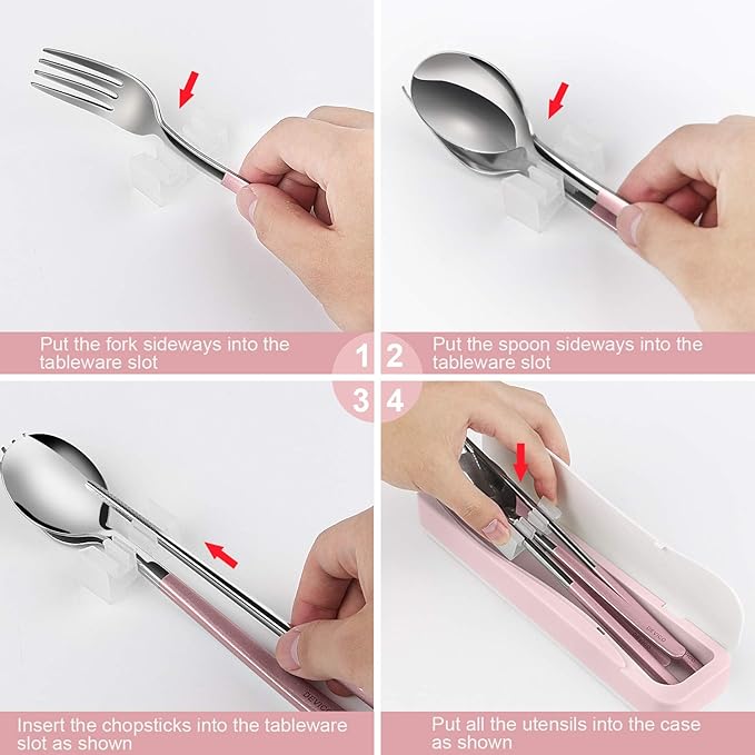 DEVICO Travel Utensils, 18/8 Stainless Steel 4pcs Cutlery Set Portable Camp Reusable Flatware Silverware, Include Fork Spoon Chopsticks with Case (Pink)