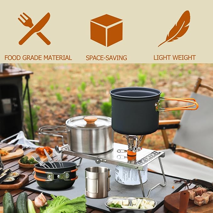 Camping Cookware Set Portable Backpacking Stove Kit, Mini Camp Stove with Non-Stick Lightweight Pots Pans and Stainless Steel Fork Knife Spoon for Outdoor Camping Hiking Cooking Gear