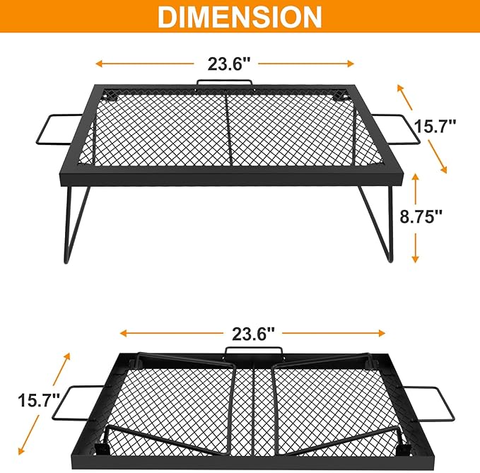 23" Fireplace Cooking Grate Camping Fire Cooking Rack, Folding Campfire Grill Folding Campfire Grill Cooking Racks, Grill Grate Over the Fire Cooking Equipment Camping Cooking Accessories for Outside