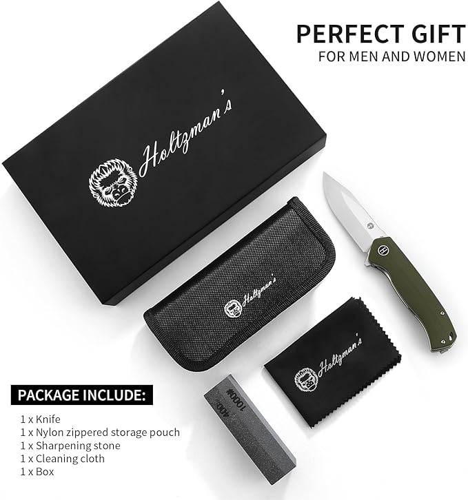 Holtzman's Gorilla Survival Folding Knife D2 Steel Blade G10 Handle Pocket Knife EDC Giftset for Men and Women (half stonewashed half silver blade + green handle (LM042))