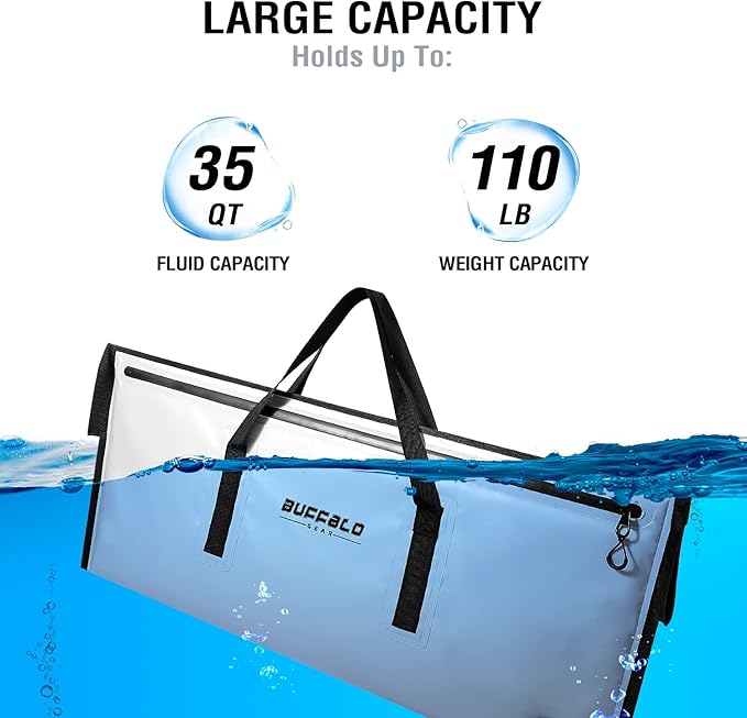 Buffalo Gear Insulated Fish Cooler - Leakproof Kill Bag with 2 Reusable Cooler Ice Packs - Portable Waterproof Zipper