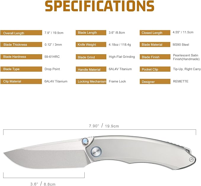 Wild Species Pocket Knife for Men,Manual Grinding Pearlescent Satin M390 Blade Titanium Handle Thumb Stud Opener Front Flipper Folding Knife for Outdoor Camping Hiking(Silver)