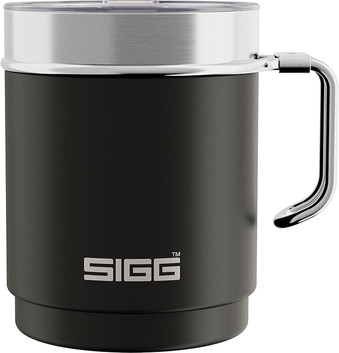 SIGG - Camping Mug with Lid - Double-Wall Insulated - Recycled Stainless Steel - Stackable - Hook Handle - Hiking, 10Oz