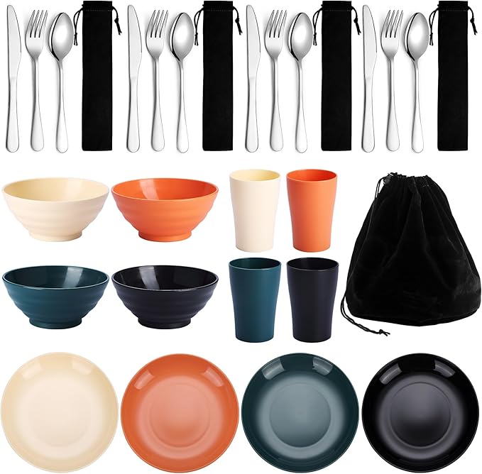 Kyraton Camping Utensils, Camping Mess Kit for Travel, Camping, Picnic, Outdoor, Camping Gear Include Knife, Spoon, Fork Silverware Set, Cup, Bowl, Plate, Camping Essentials for 1
