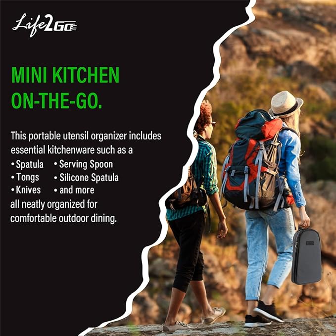 Camp Cooking Utensil Set & Outdoor Kitchen Gear Cookware Kit, Portable Compact Carry Case for Camping, Hiking, Travel, BBQ Grilling Stainless Steel Accessories Spoon & Fork