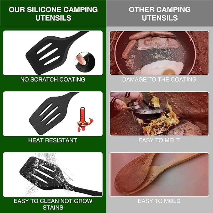 Camping Essentials Cookware Cooking Utensils Set - Camping Kitchen Utensils, Portable Outdoor Accessories, Stainless Steel & Silicone, Camping Gear Equipment for RV Picnic Grill