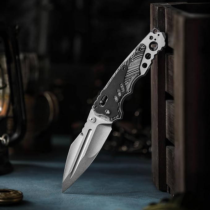 '-Intruder-03BW|Heavy Folding Pocket Knife for Men,Outdoor Camping EDC Knives with Clip ,4.29" Stonewash 14C28N Steel Blade ,Brass Washer,Ti & Damascus G10 Handle