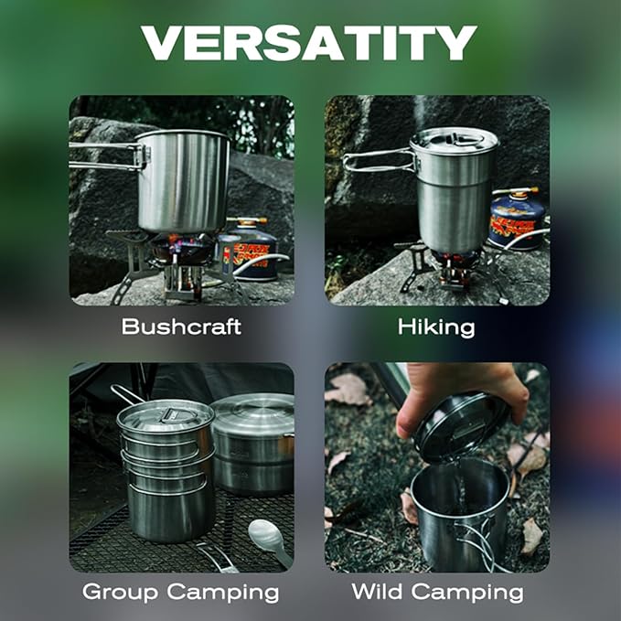 2Pcs 4Pcs Foldable Camping Cups and Mugs Pot 304-Food-Grade Stainless Steel Outdoor-cookware-Set with Vented lid