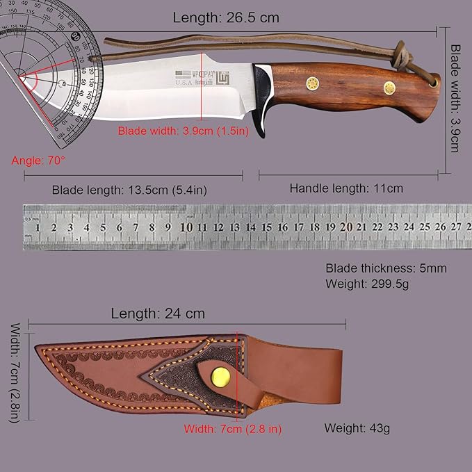 (USA 440C Steel Hunting Straight Knife + Sheath, 10.5 "Full Tang Fixed Blade, Yellow Pear Wood Handle, Outdoor, Camping and Survival, Men's, Women's cCamping Gift (WK01B)