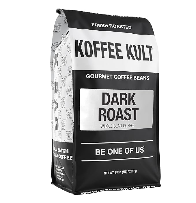 Koffee Kult Dark Roast Whole Bean Coffee 100% Arabica Coffee Beans Gourmet Artisan Blend with Chocolate & Cinnamon Notes 80oz Resealable Bag
