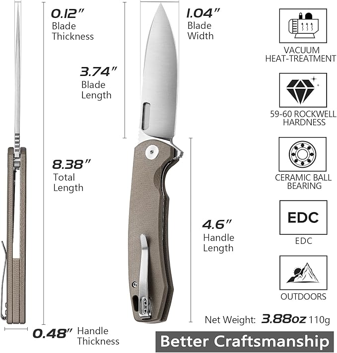 Folding Pocket Knife for Men,3.74in Sandvik 14C28N Blade and Liner Lock Micarta Handle with Reversible Deep Carry Clip,Outdoor Camping Hunting EDC Knives,Columba-04GC