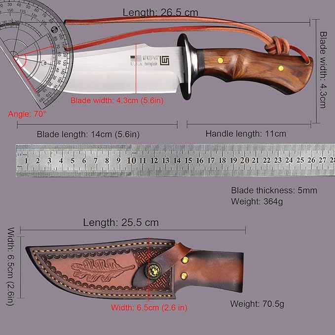 (USA 440C Steel Hunting Straight Knife + Sheath, 10.5 "Full Tang Fixed Blade, Yellow Pear Wood Handle, Outdoor, Camping and Survival, Men's, Women's cCamping Gift (WK01A)