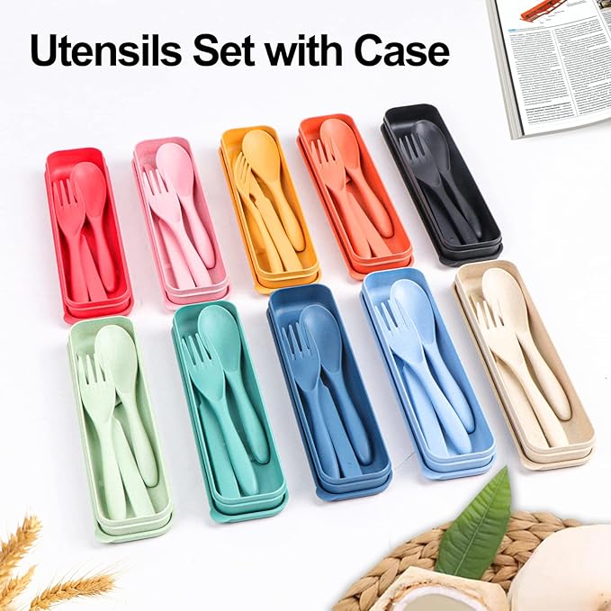 Reusable Travel Utensils Set with Case, 3 Sets Wheat Straw Portable Knife Fork Spoons Tableware, Eco-Friendly BPA Free Plastic Cutlery Travel Picnic Camping Utensils for Kids Adults Daily Use