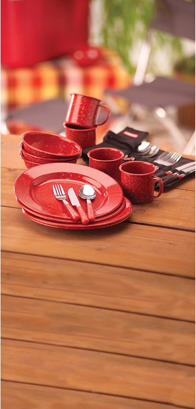 Coleman 24-Piece Enamel Dinnerware Set, Durable Dishes & Utensils for Camping & Outdoor Use, Dishwasher Safe with Included Carry Pouch for Camping, Tailgating, Picnics & More