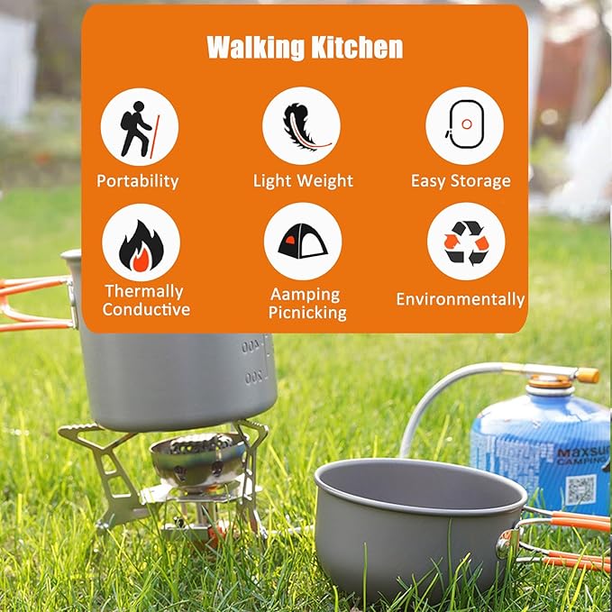 Camping Cookware Set Portable Backpacking Stove Kit, Mini Camp Stove with Non-Stick Lightweight Pots Pans and Stainless Steel Fork Knife Spoon for Outdoor Camping Hiking Cooking Gear