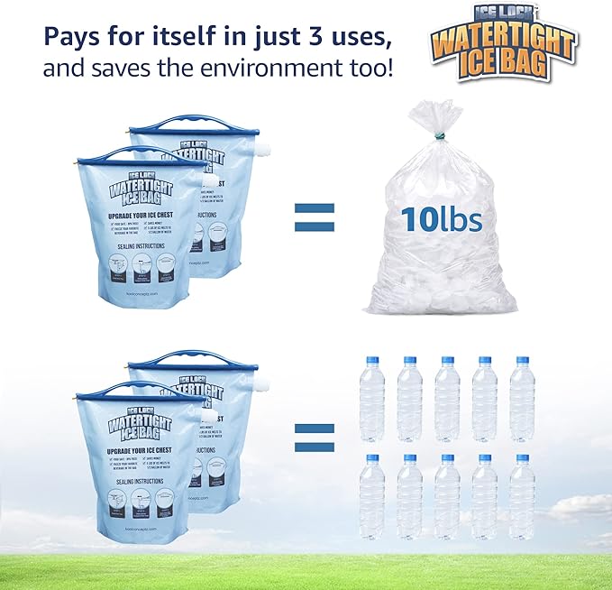 2 Large Leakproof Ice Bags. The original reusable Ice Pack for Coolers - Drop in Cubed Ice & Make Cold, Dry Freezer Packs for Coolers - Drink your ice when it melts.