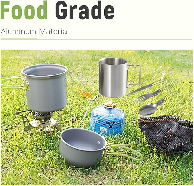 Camping Cookware Set Portable Backpacking Stove Kit, Mini Camp Stove with Non-Stick Lightweight Pots Pans and Stainless Steel Fork Knife Spoon for Outdoor Camping Hiking Cooking Gear