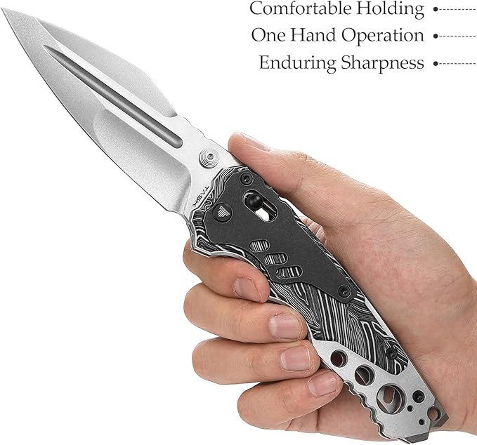 '-Intruder-03BW|Heavy Folding Pocket Knife for Men,Outdoor Camping EDC Knives with Clip ,4.29" Stonewash 14C28N Steel Blade ,Brass Washer,Ti & Damascus G10 Handle