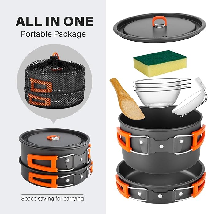 Odoland 9pcs Camping Cookware Non-Stick Lightweight Camping Pots and Pans Set with Plastic Bowls Soup Spoon for Camping, Backpacking, Outdoor Cooking and Picnic