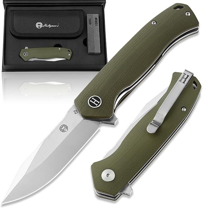 Holtzman's Gorilla Survival Folding Knife D2 Steel Blade G10 Handle Pocket Knife EDC Giftset for Men and Women (half stonewashed half silver blade + green handle (LM042))