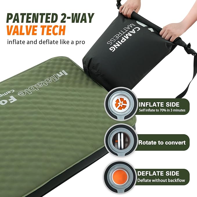 Self Inflating Sleeping Pad, 4in Ultra-Thick Foam Camping Car Mattress with Air Pump Sack, Sleeping Mat for Adults Inflatable Camping Pad Mattress, Single Cot Bed, Travel, Car, Tent, Home, Army Green