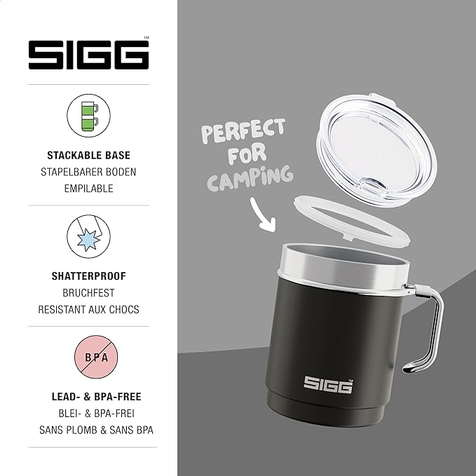 SIGG - Camping Mug with Lid - Double-Wall Insulated - Recycled Stainless Steel - Stackable - Hook Handle - Hiking, 10Oz