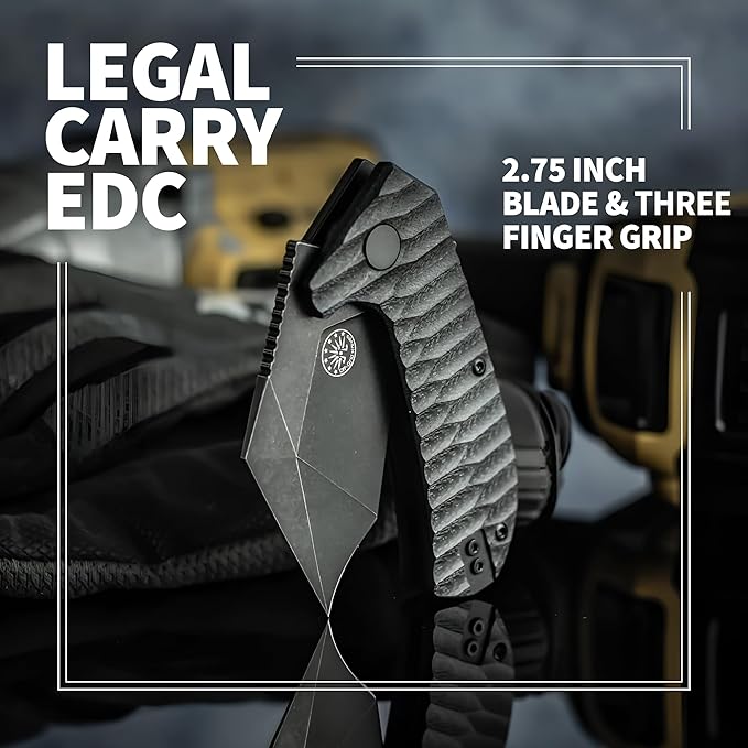Off-Grid Knives - Raptor EDC Folding Knife with Tumbled Black D2 Steel, Grippy G10, Bearings, Deep Carry Left & Right, Hawkbill Tip, Stout Everyday Carry