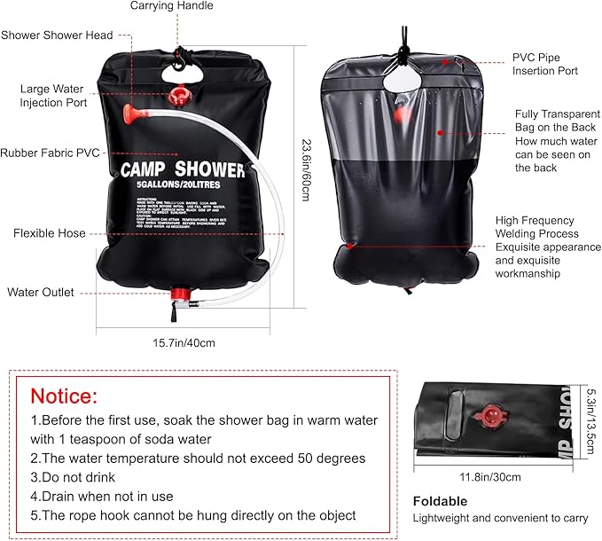 2 Pack Solar Shower Bag for Camp, 5 Gallons/20L Portable Camping Shower Bag with Removable Hose and On-Off Switchable Shower Head for Camping Beach Swimming Outdoor Traveling