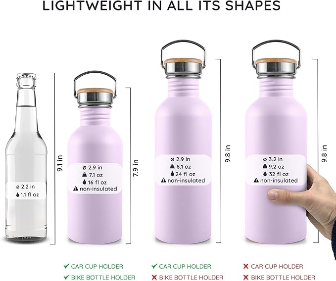 Bambaw 24 oz Water Bottle Stainless Steel, Lavender Water Bottle without Straw, Non-insulated Single Wall Stainless Steel Bottle, Hiking Water Bottle, Metal Water Bottle 24 oz – Lavender Haze