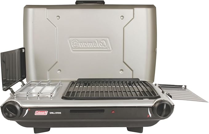 Coleman Tabletop 2-in-1 Grill & Stove with 2 Adjustable Burners, Propane Grill/Stove with Push-Button Starter, Wind Guards, Grease Tray, & 20,000 BTUs of Power for Camping, Tailgating, & More