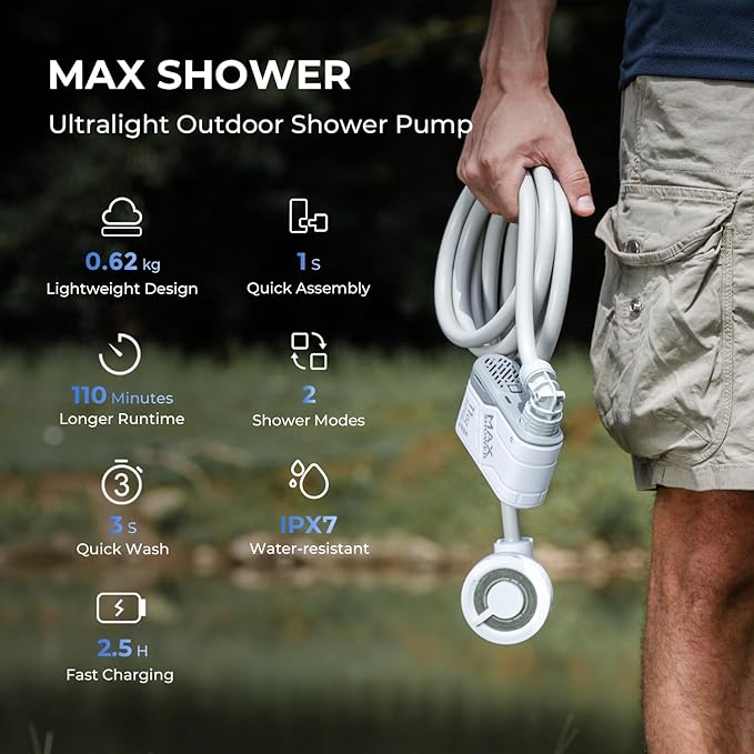FLEXTAILGEAR MAX SHOWER Ultralight Rechargeable Outdoor Shower Pump, Portable Camping Showerhead Handheld, Travel Shower with USB-C Water Pump for Hiking, Car wash, Pet Cleaning, Beach Vacations