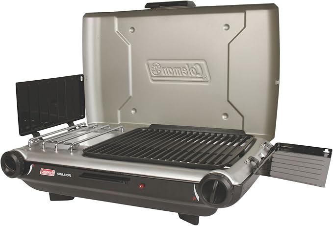 Coleman Tabletop 2-in-1 Grill & Stove with 2 Adjustable Burners, Propane Grill/Stove with Push-Button Starter, Wind Guards, Grease Tray, & 20,000 BTUs of Power for Camping, Tailgating, & More
