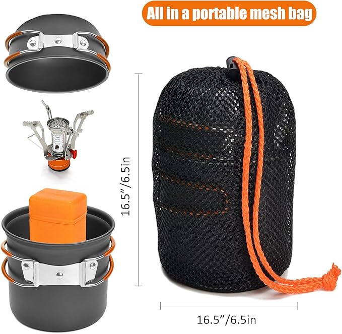 Camping Cookware Set Portable Backpacking Stove Kit, Mini Camp Stove with Non-Stick Lightweight Pots Pans and Stainless Steel Fork Knife Spoon for Outdoor Camping Hiking Cooking Gear