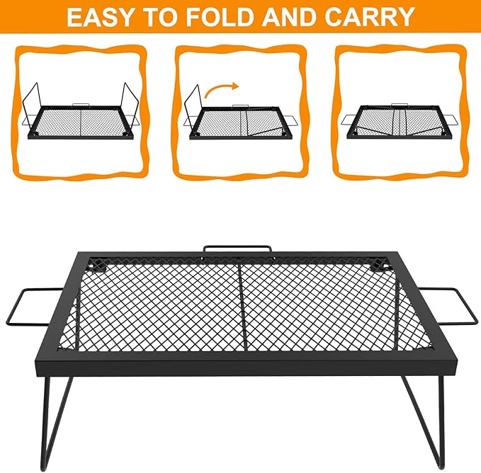 23" Fireplace Cooking Grate Camping Fire Cooking Rack, Folding Campfire Grill Folding Campfire Grill Cooking Racks, Grill Grate Over the Fire Cooking Equipment Camping Cooking Accessories for Outside