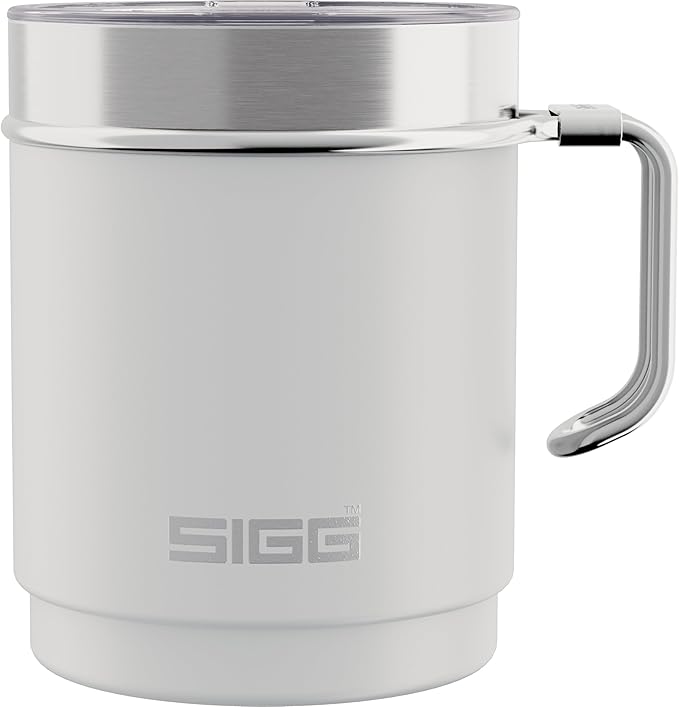 SIGG - Camping Mug with Lid - Double-Wall Insulated - Recycled Stainless Steel - Stackable - Hook Handle - Hiking, 10Oz