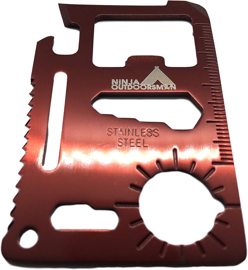 (10 Pack, Red) Ninja Outdoorsman 11 in 1 Stainless Steel Credit Card Pocket Sized Survival Multi Functional Tool - Stocking Stuffers, Christmas Gifts Under 10 Dollars