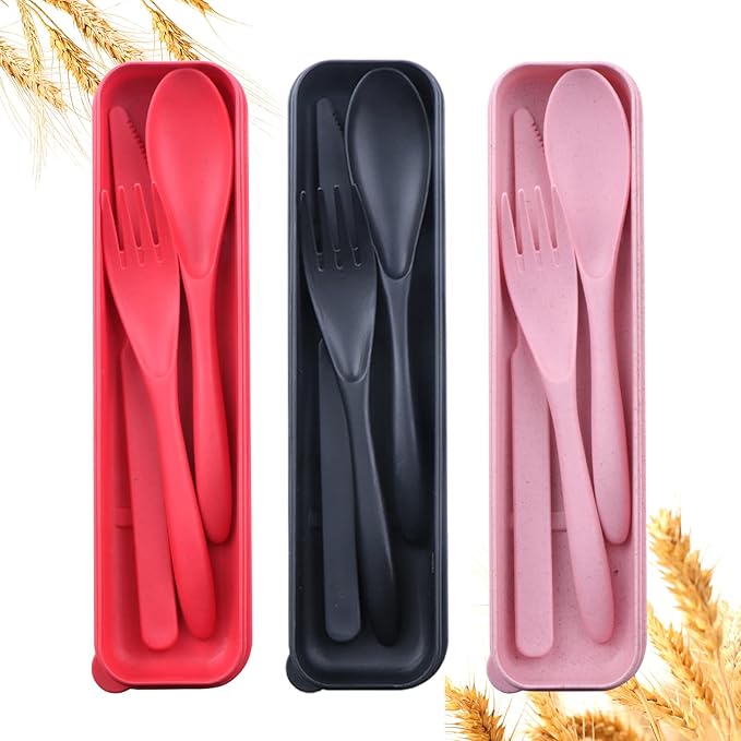 Reusable Travel Utensils Set with Case, 3 Sets Wheat Straw Portable Knife Fork Spoons Tableware, Eco-Friendly BPA Free Plastic Cutlery Travel Picnic Camping Utensils for Kids Adults Daily Use