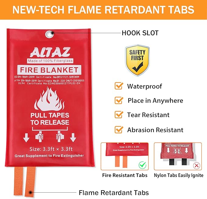Fire Blanket Emergency for Home Kitchen - 39.4"x39.4" Flame Suppression Fiberglass Fire Extinguisher for Camping, Grill, Car, Office, Warehouse, Fireplace, Survival, Safety Altaz (1 Pack)