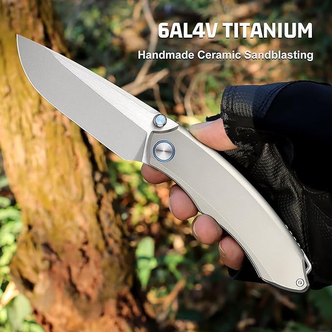 Wild Species Pocket Knife for Men,Manual Grinding Pearlescent Satin M390 Blade Titanium Handle Thumb Stud Opener Front Flipper Folding Knife for Outdoor Camping Hiking(Silver)