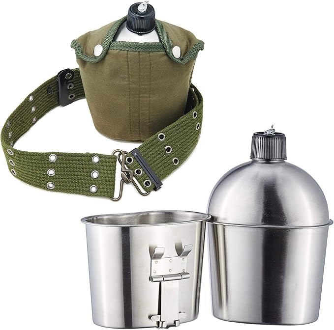 G.I. Army Stainless Steel Canteen Military with Cup and Green Nylon Cover Waist Belt for Camping Hiking Climbing (Cup with Foldable Grab Handle)