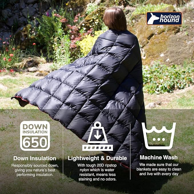 Horizon Hound Down Camping Blanket - Outdoor Travel Blanket | Sustainable Insulated Down | Lightweight & Warm Quilt for Camping, Stadium, Hiking & Festival | Water Resistant, Packable & Compact
