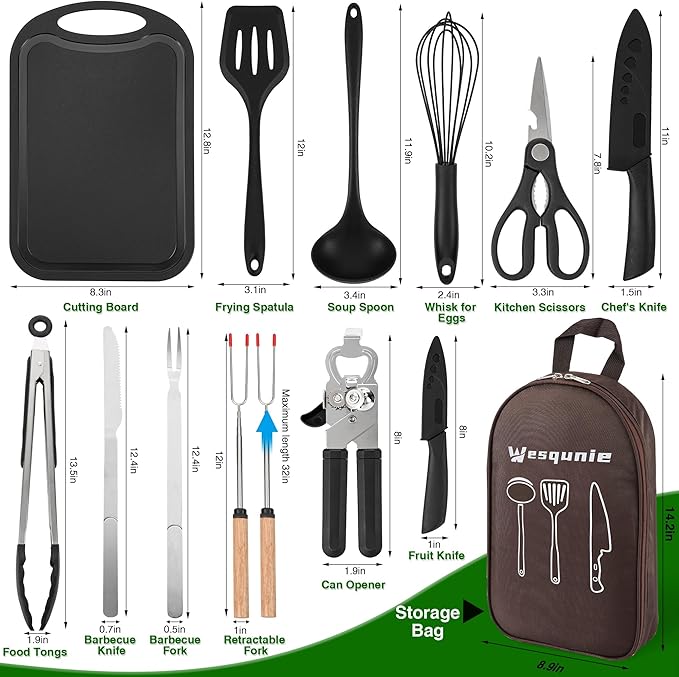 Camping Essentials Cookware Cooking Utensils Set - Camping Kitchen Utensils, Portable Outdoor Accessories, Stainless Steel & Silicone, Camping Gear Equipment for RV Picnic Grill