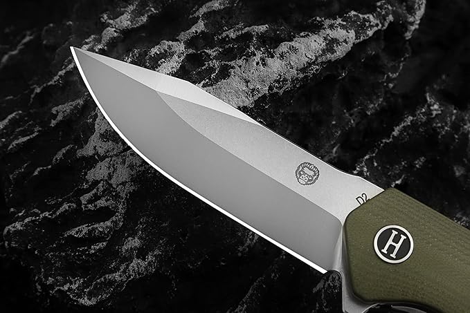 Holtzman's Gorilla Survival Folding Knife D2 Steel Blade G10 Handle Pocket Knife EDC Giftset for Men and Women (half stonewashed half silver blade + green handle (LM042))