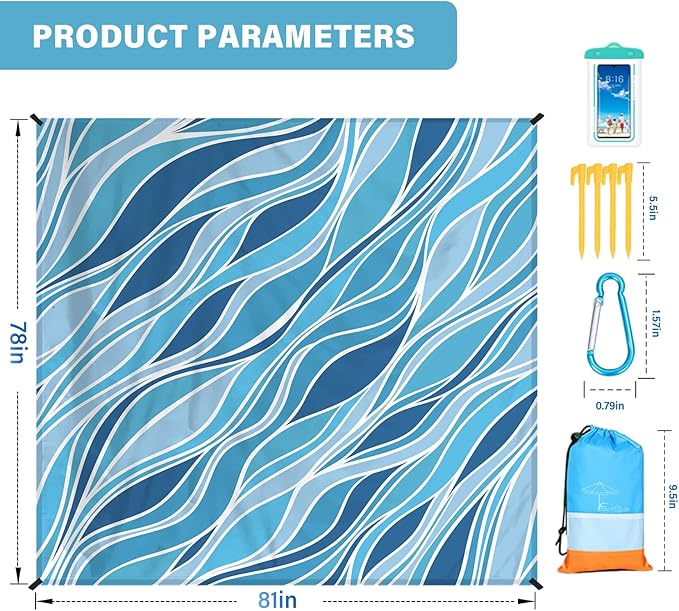 Beach Blanket Oversized Extra Large 78" X 81",Waterproof Sandproof Beach Blanket 1-7 Adults Lightweight Durable for Travel Camping Hiking Picnic